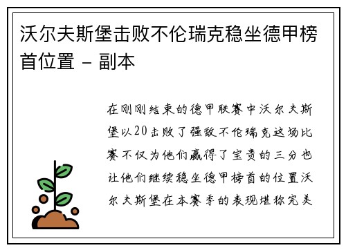 沃尔夫斯堡击败不伦瑞克稳坐德甲榜首位置 - 副本