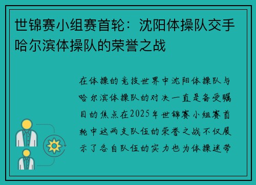 世锦赛小组赛首轮：沈阳体操队交手哈尔滨体操队的荣誉之战